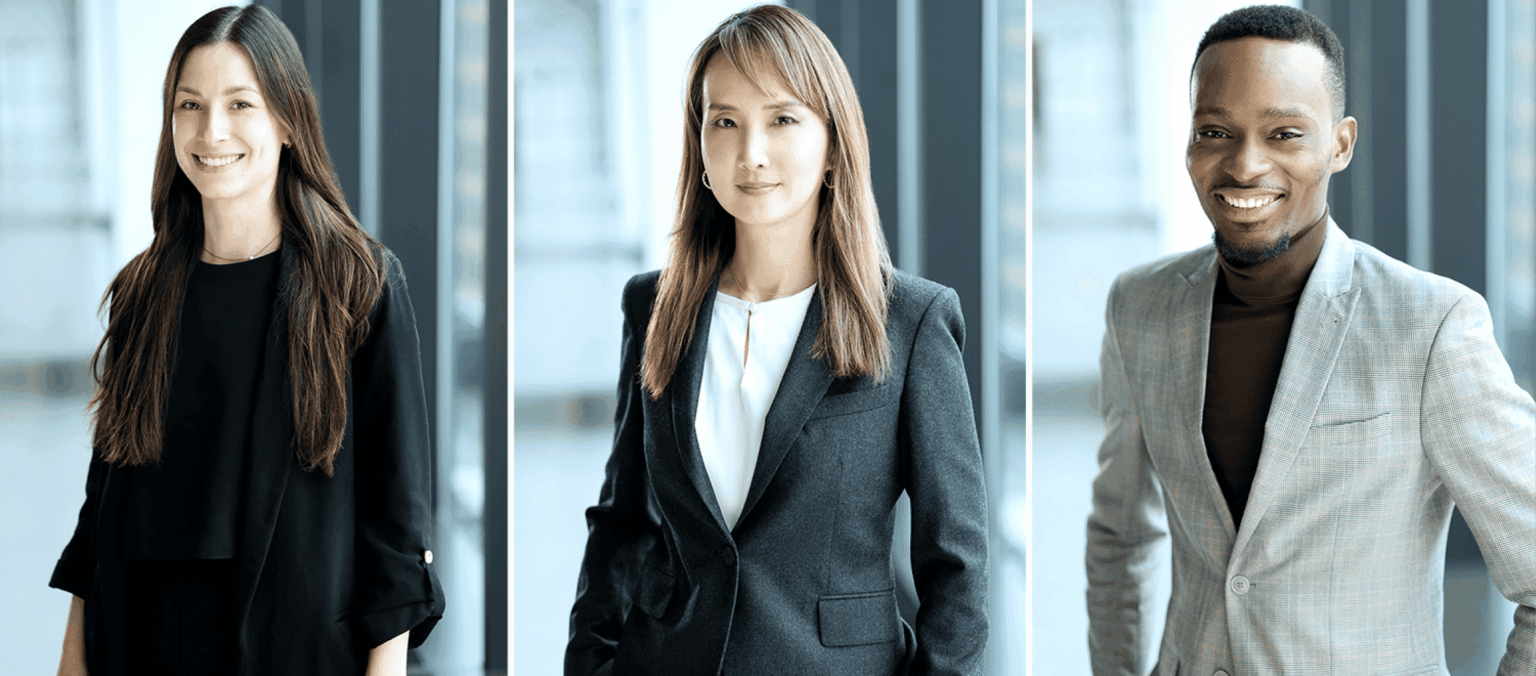 Triptych of three diverse business professionals smiling in blazers for professional headshots with modern office backgrounds.